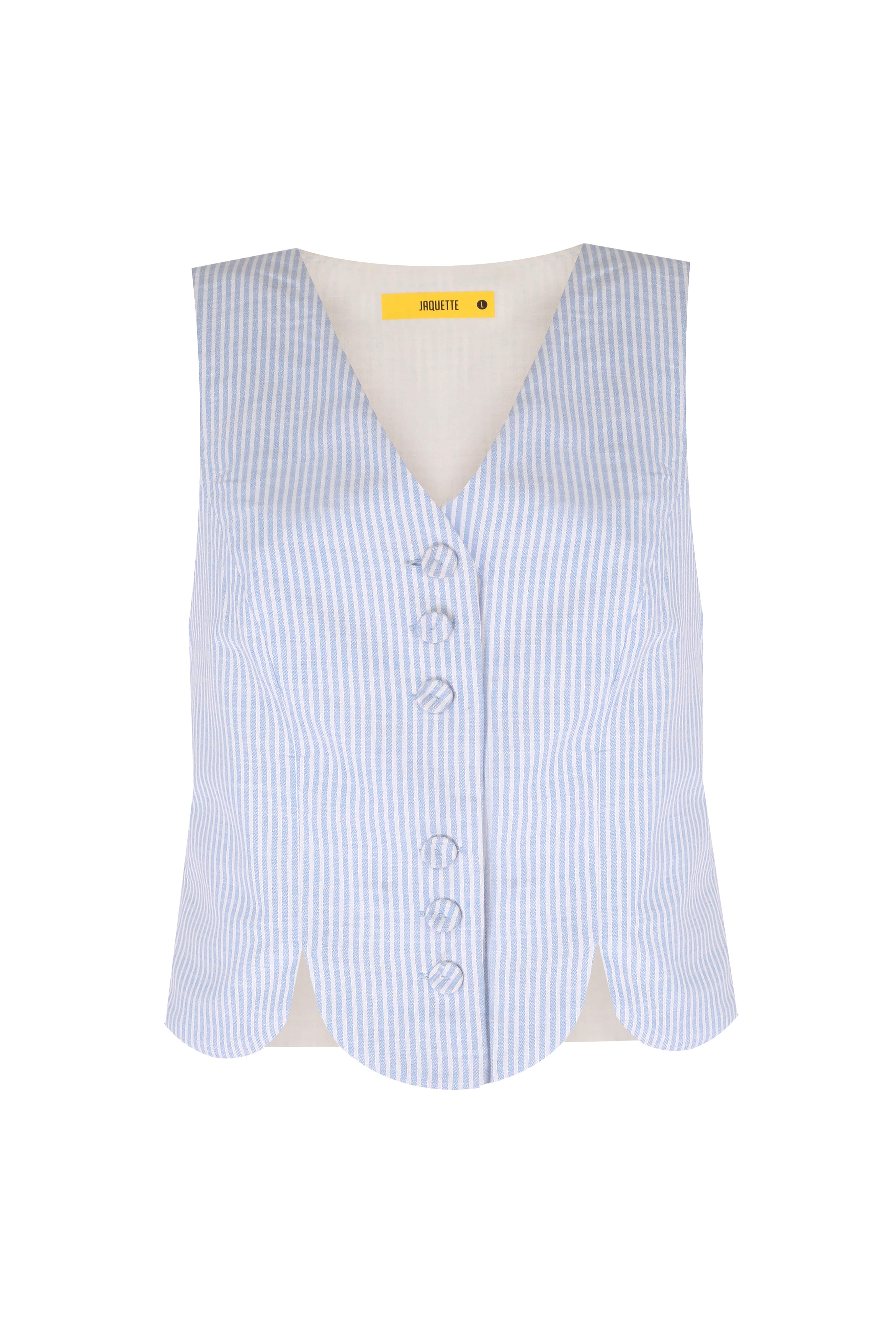 ABBY VEST: 100% linen blue sustainability-crafted vest with button details, perfect for eco-conscious fashion lovers.