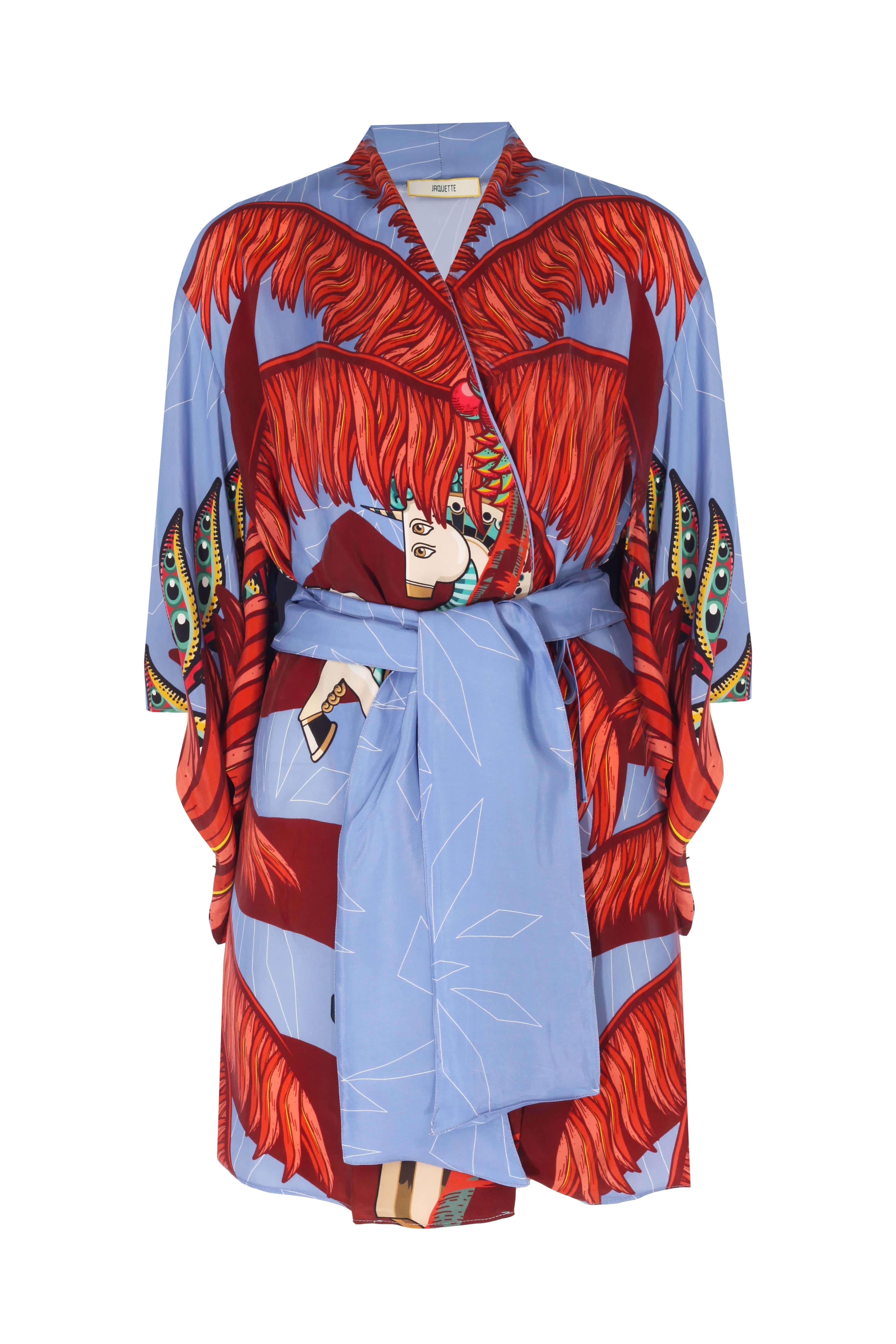 Vibrant blue robe with red feathers and a colorful design, perfect for stylish loungewear.