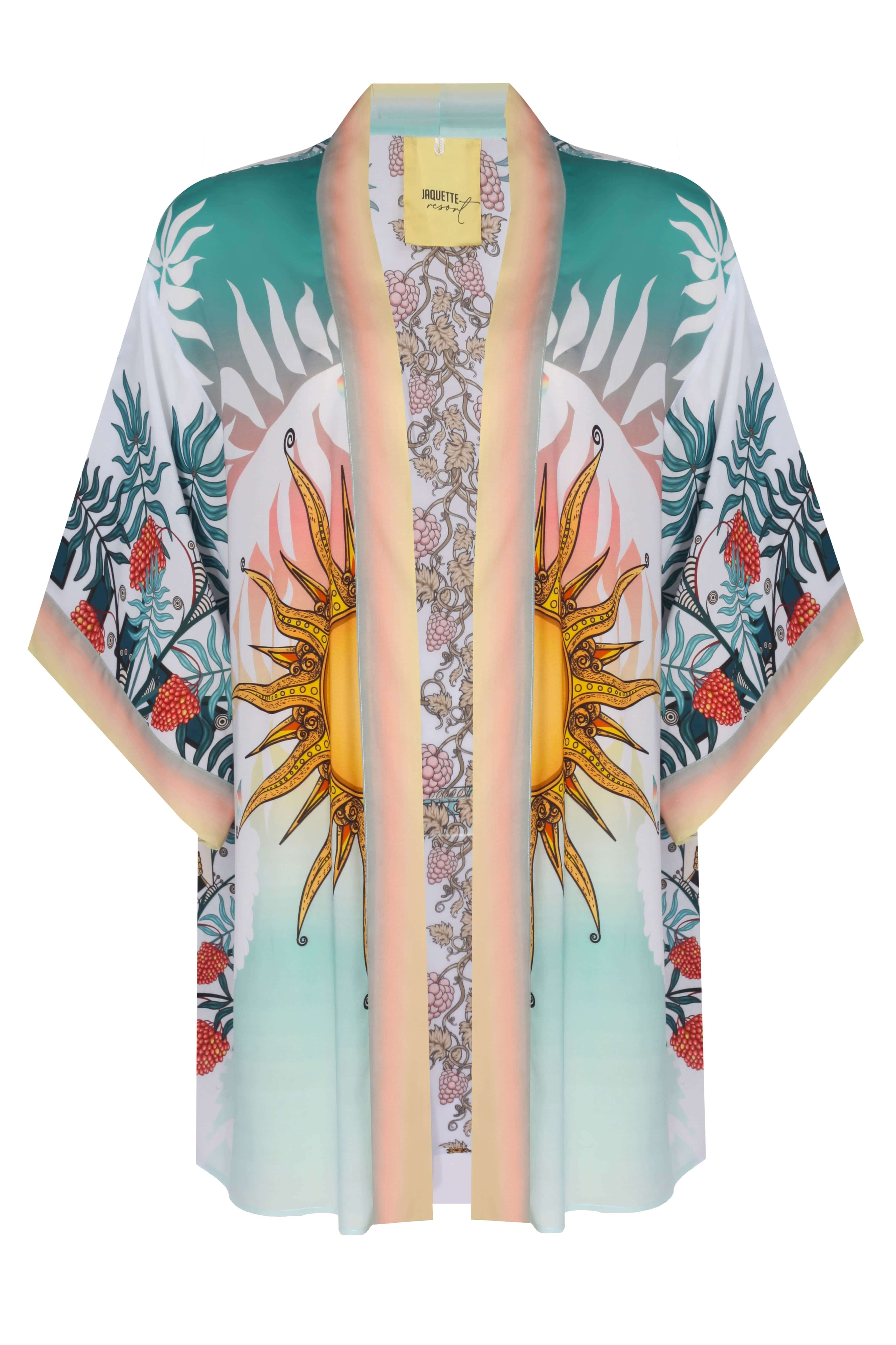 EVA FAYE kimono in white viscose featuring vibrant sun design, perfect for summer style, dry clean only.