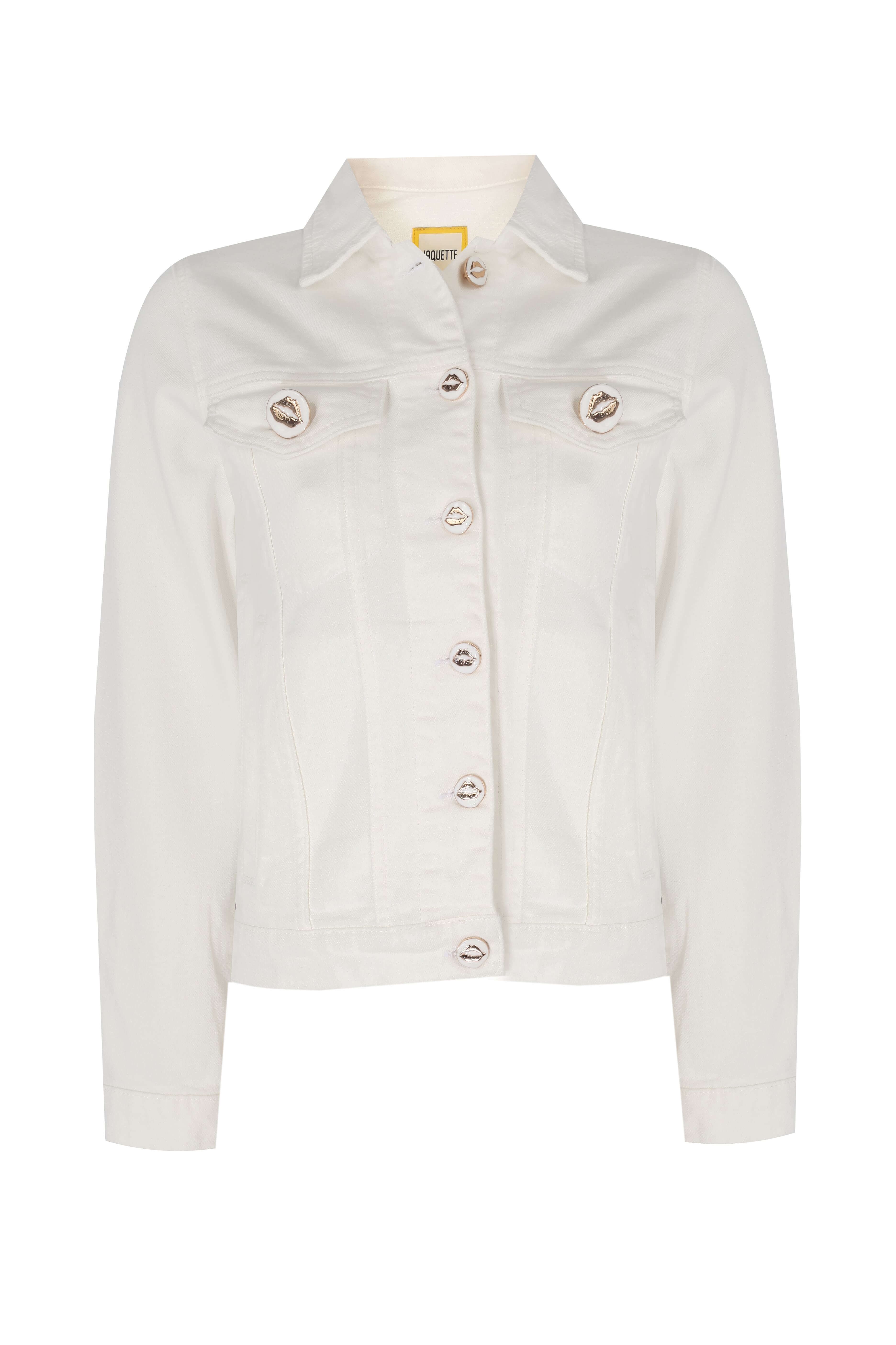 JANE JACKET in off-white, made from sustainable materials, featuring buttons and a classic denim design.