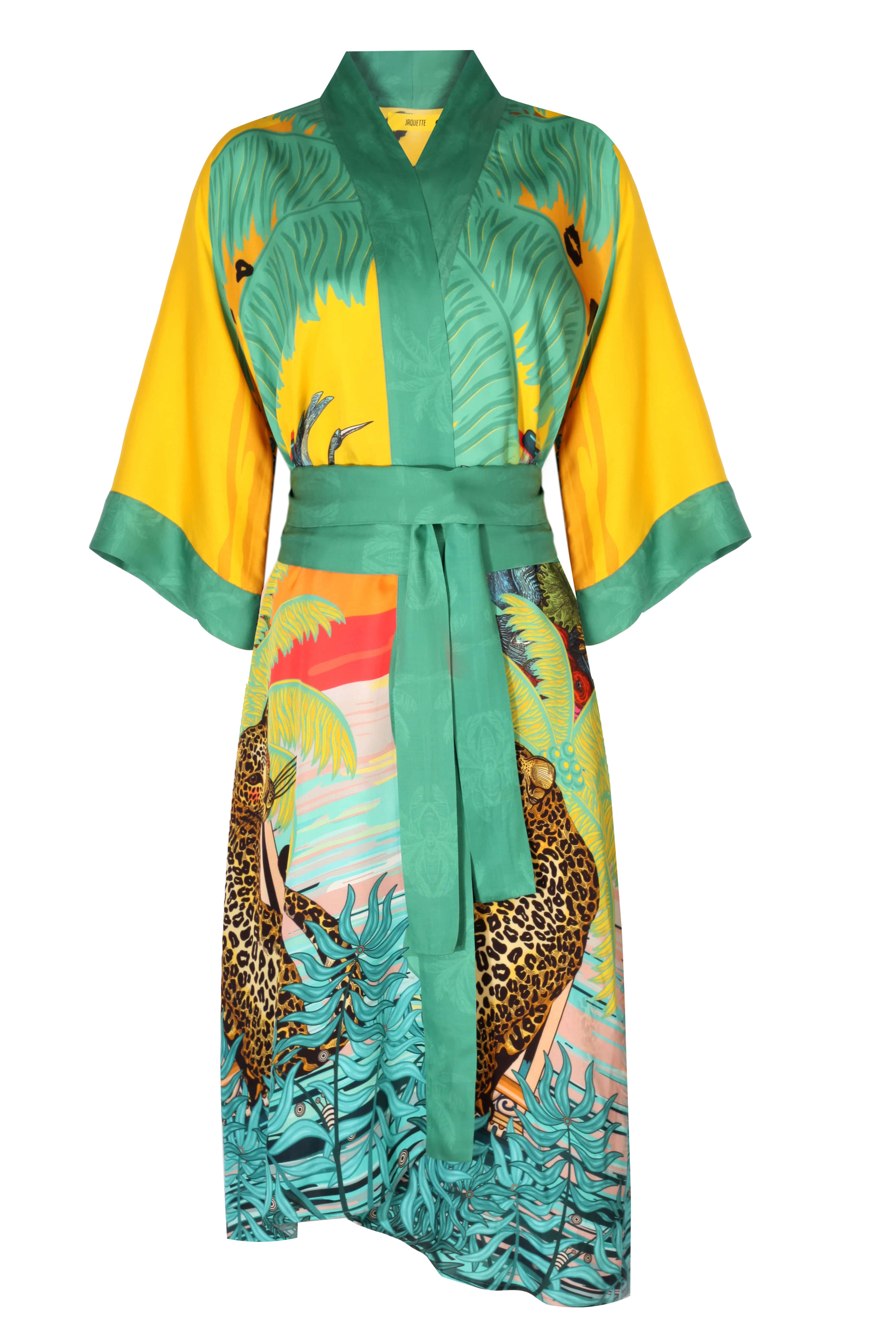 Vibrant JULIETTA CAFTAN featuring tropical prints, yellow and green colors, perfect for summer lounging or resort wear.