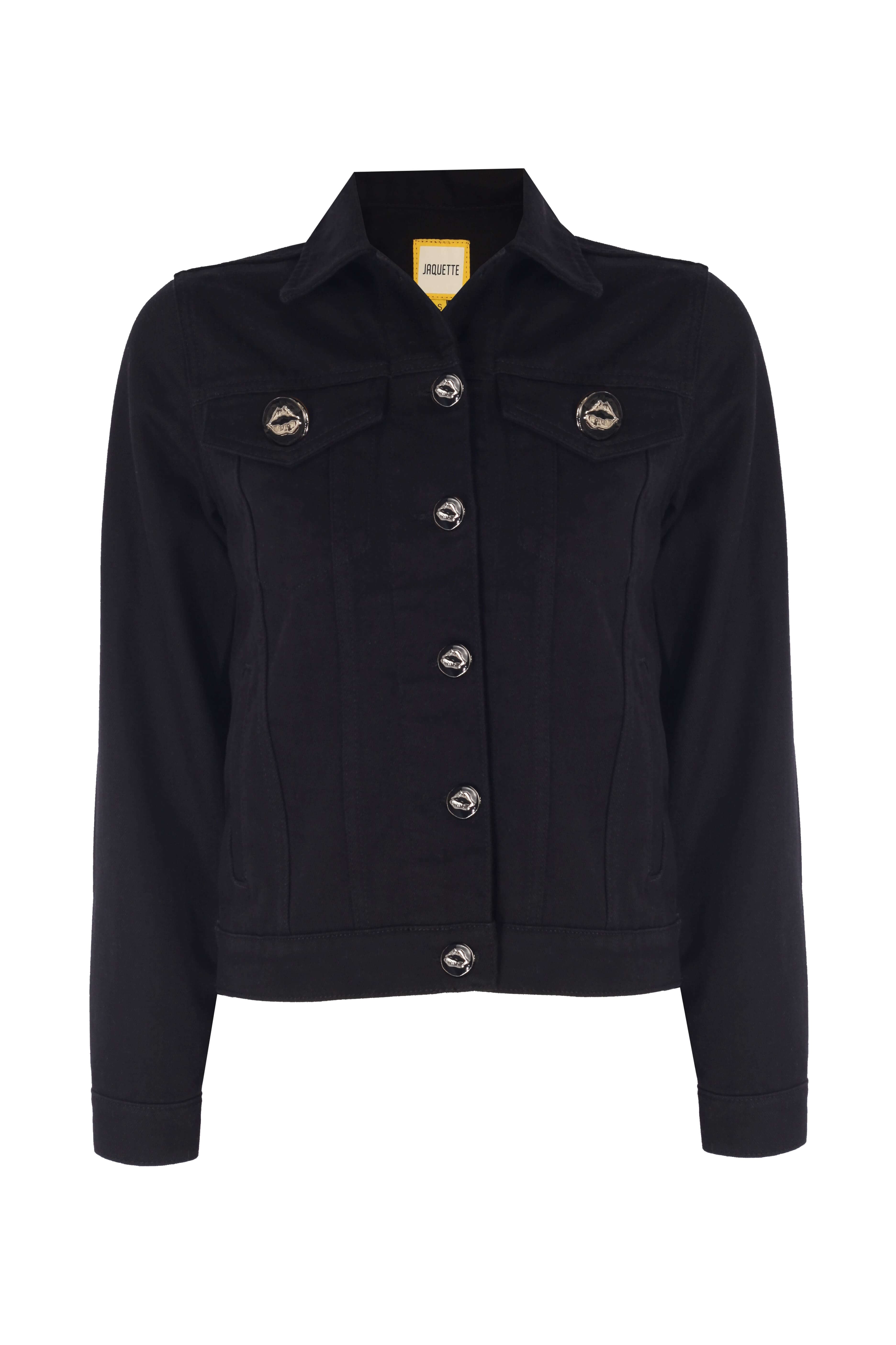 LULU JACKET in black, made from 99% cotton and 1% ELS, featuring sustainable materials and a stylish button front.