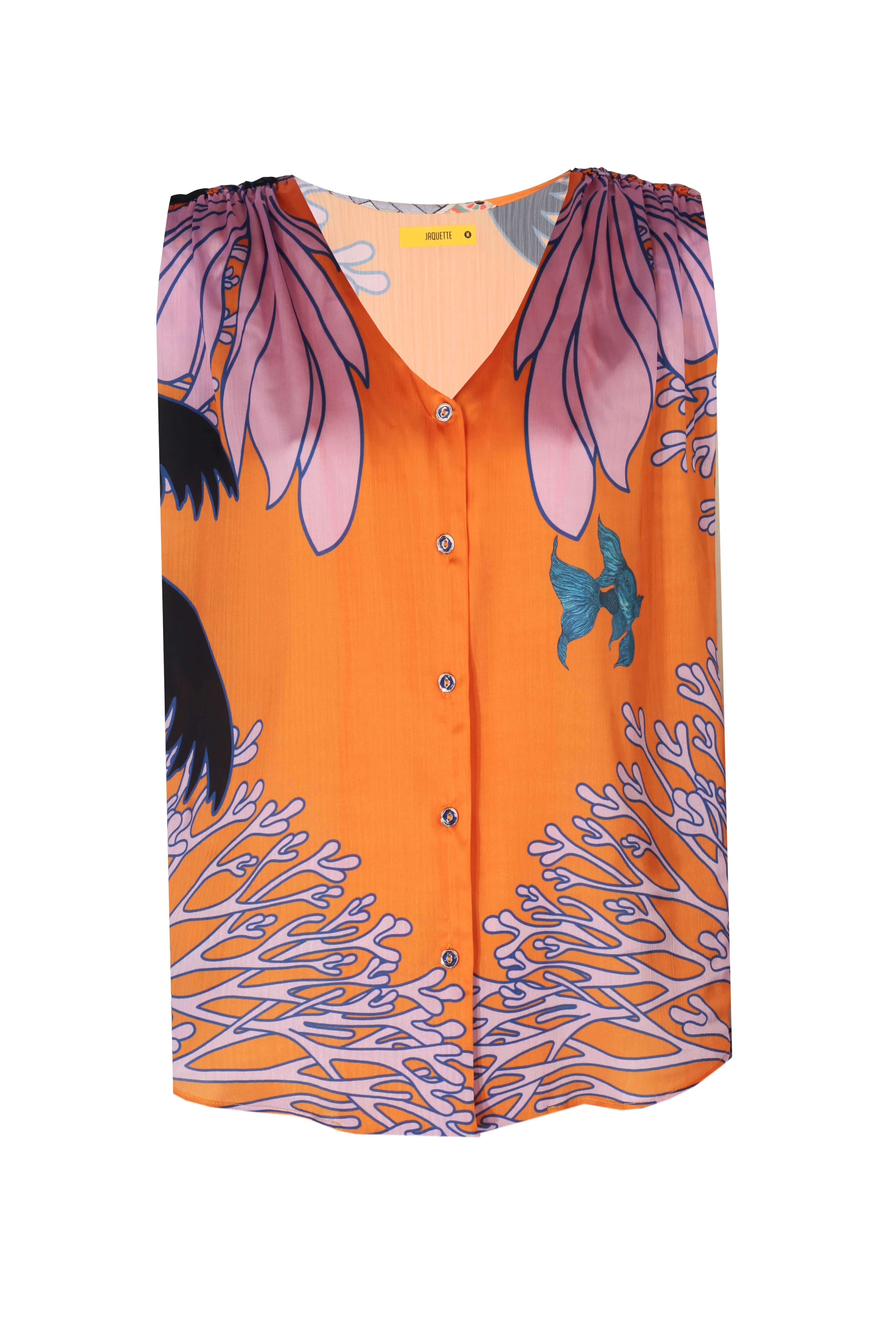 Orla Shirt featuring vibrant orange color with floral and coral prints, perfect for a stylish summer look.