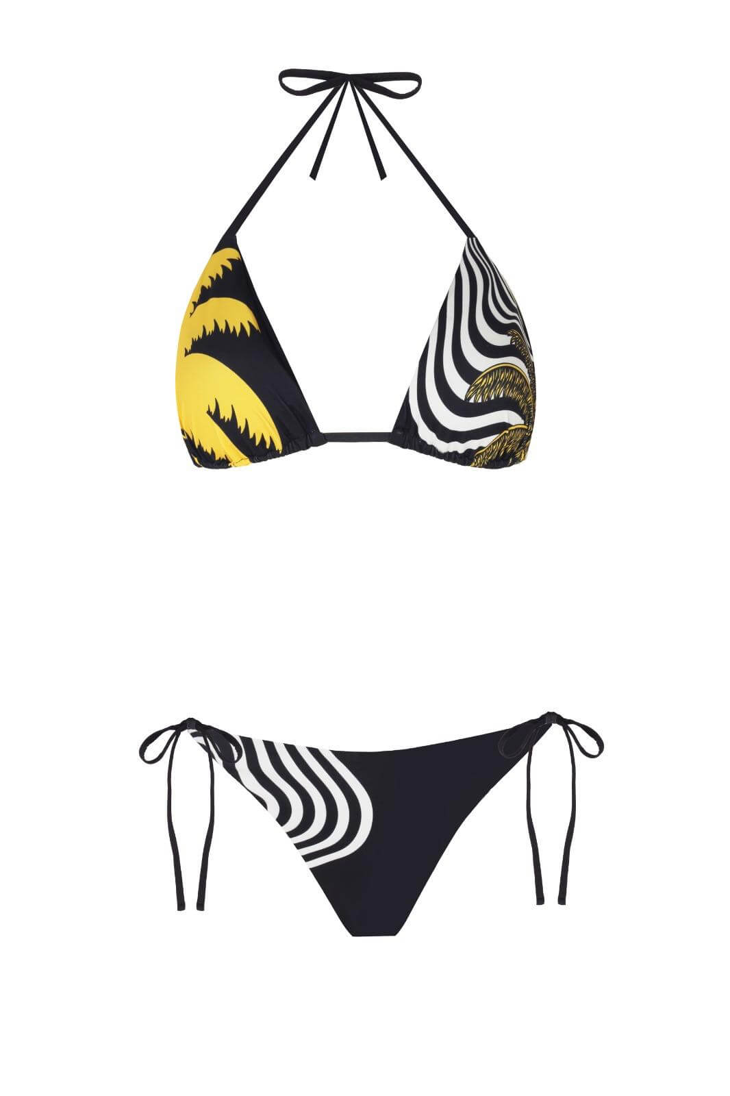 PEMA BIKINI featuring a striking black and yellow design, made from 80% polyamide and 20% elastane, dry clean only.