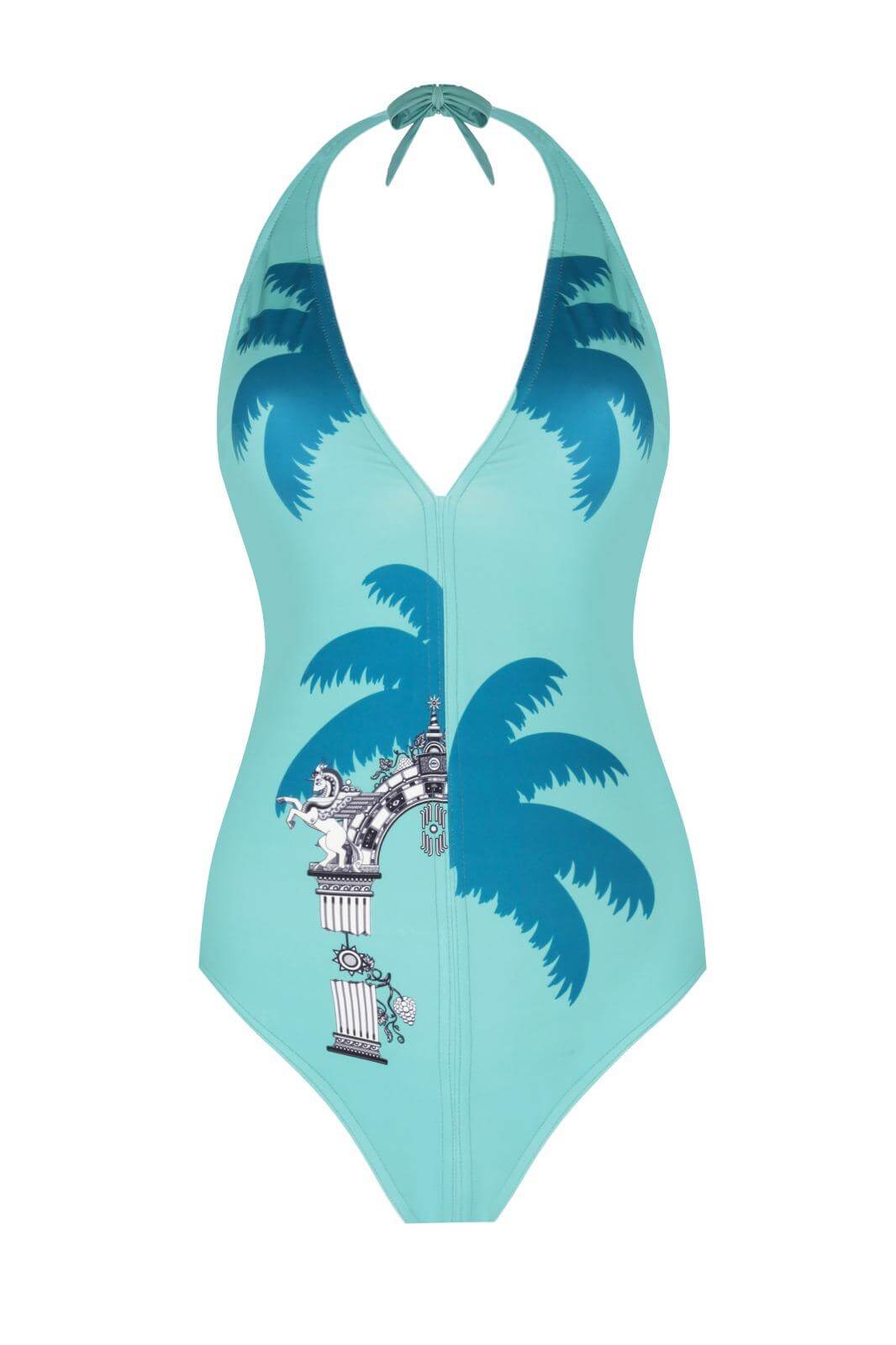 PERSİS SWİMSUİT in green, featuring a palm tree design and a stylish plunge neckline, made of 80% polyamide and 20% elastane.