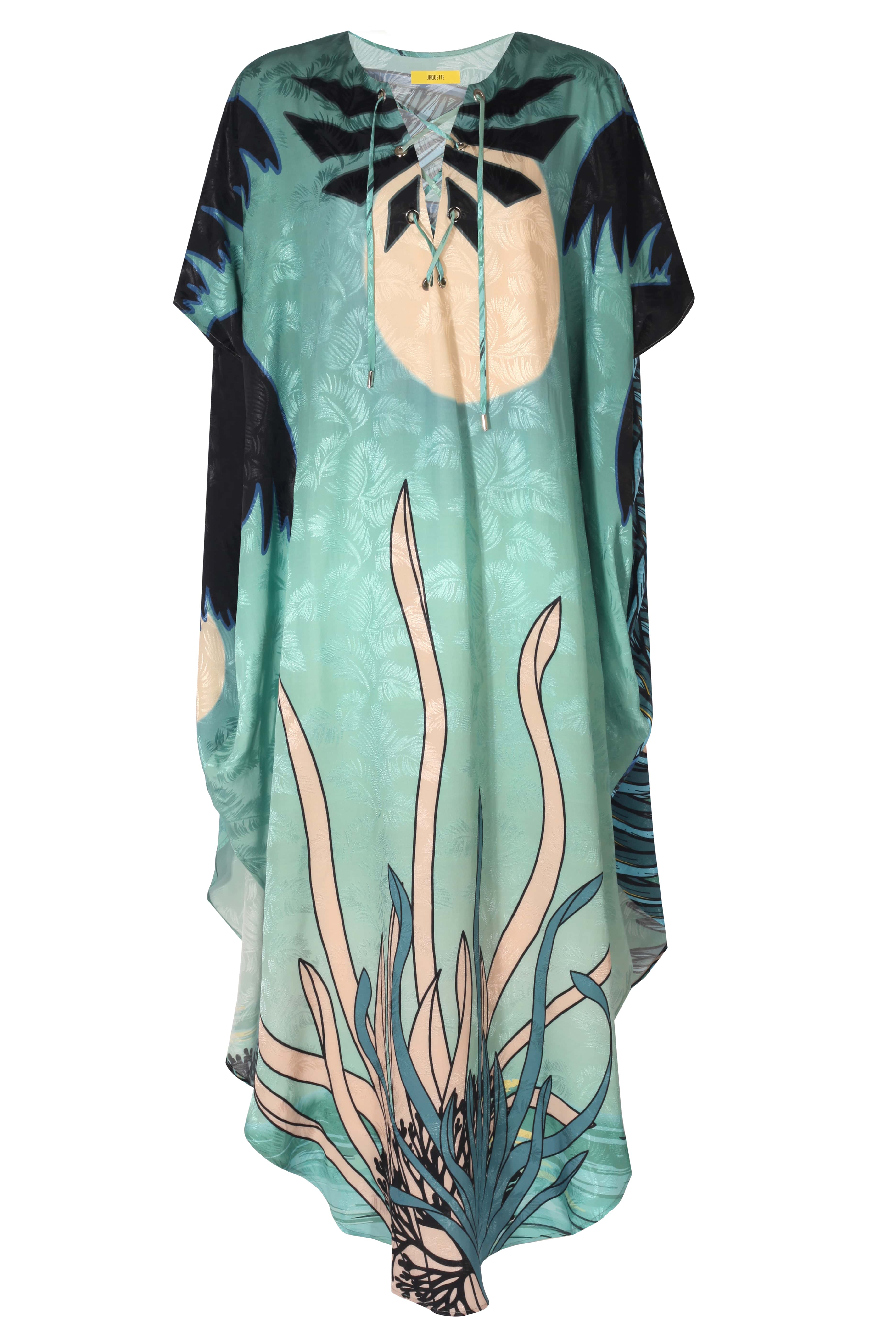 PRIYA DRESS: 100% viscose blue kaftan featuring tropical print, perfect for summer style.