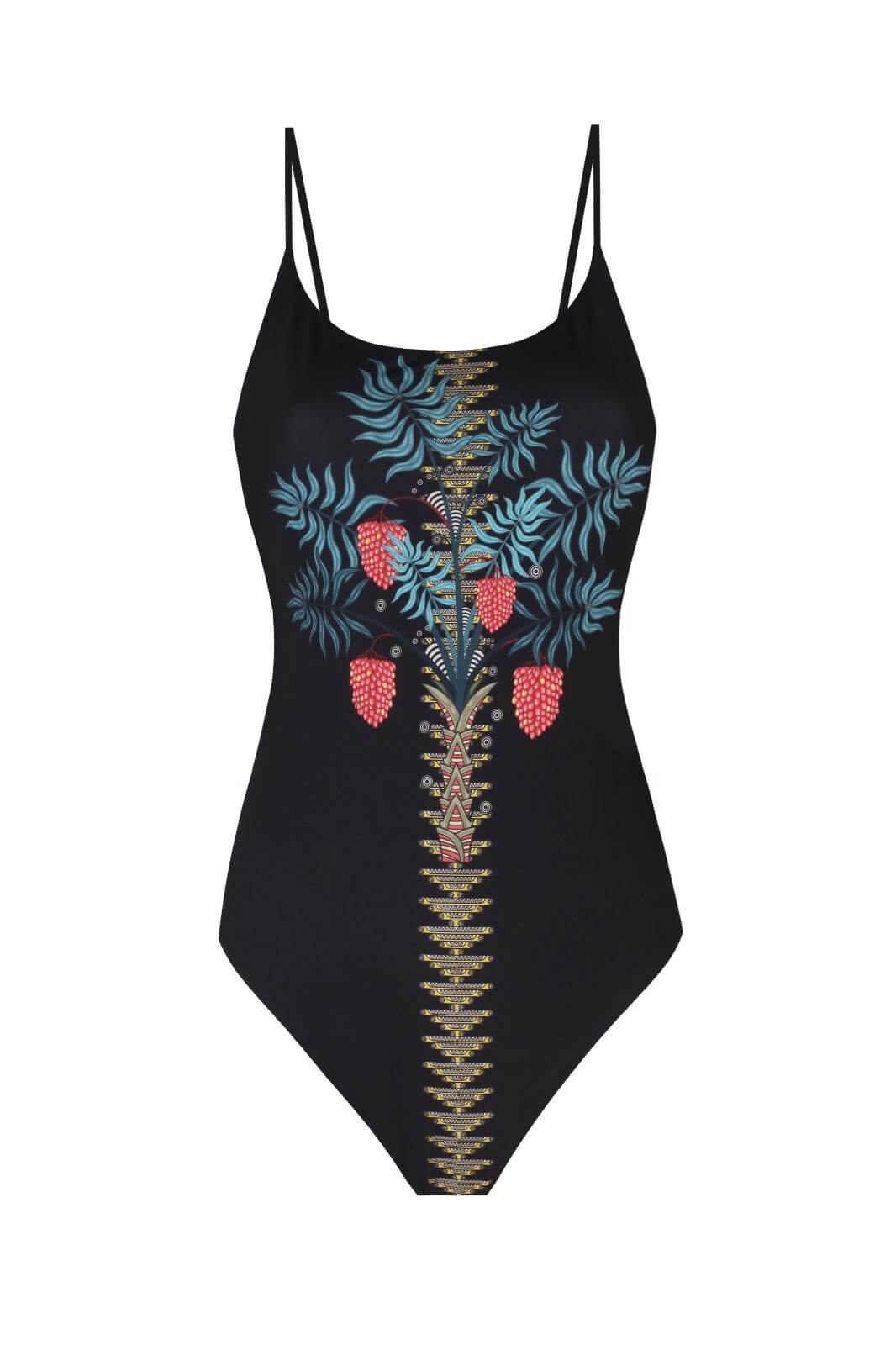 SABİNA SWİMSUİT, black one-piece swimsuit with colorful floral and berry design, made of 80% polyamide and 20% elastane.
