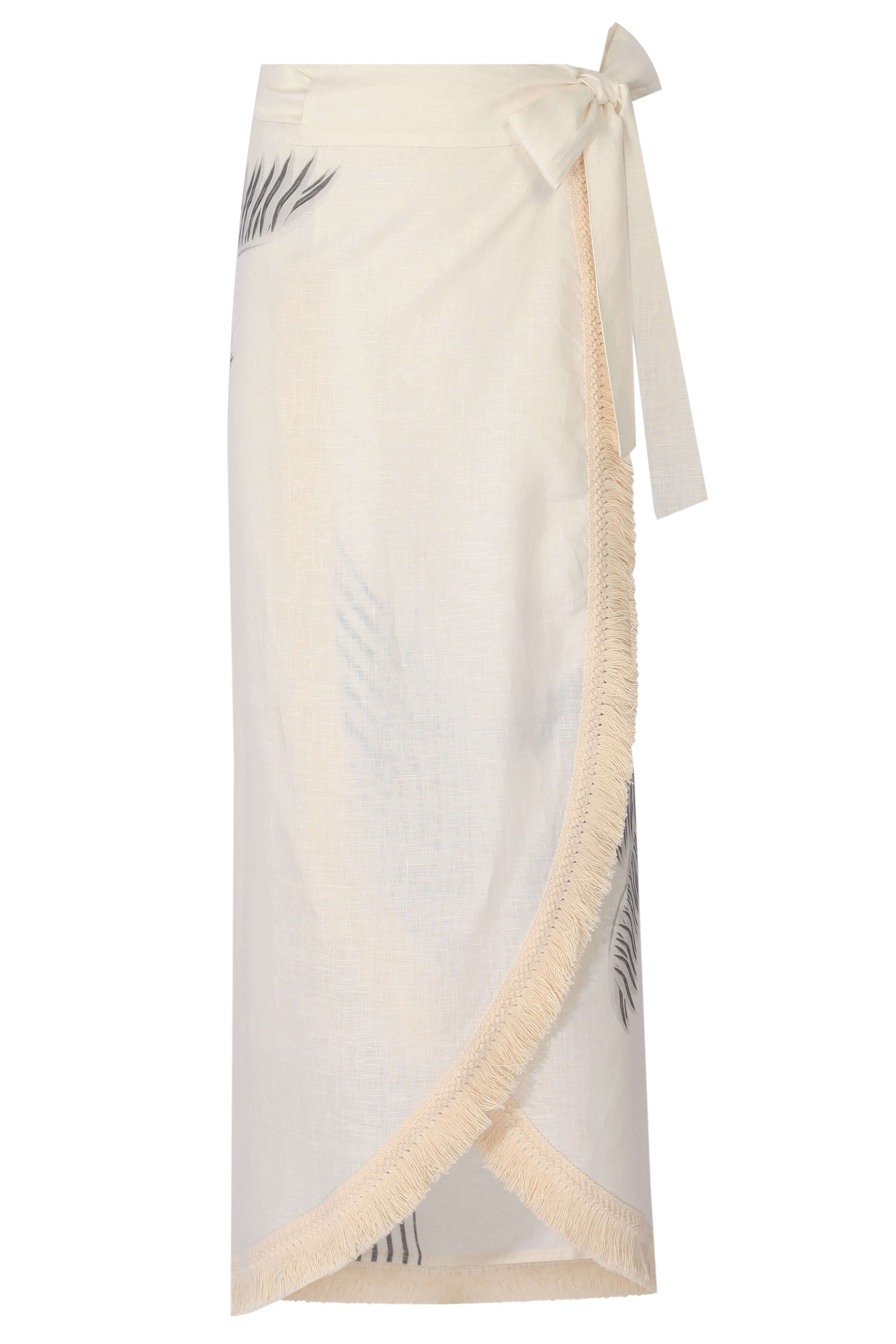 Elegant VELDA PAREO in 100% cream linen with a fringed design, perfect for summer styling. Dry clean only.