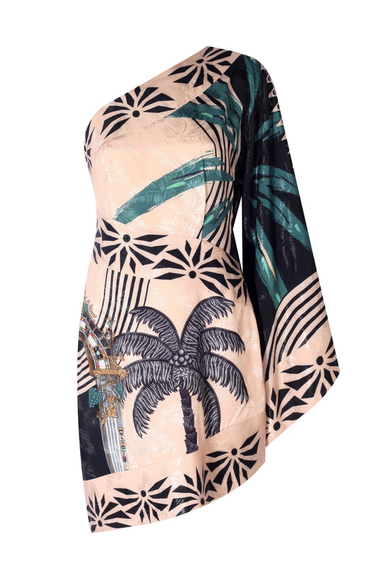 OTTERA DRESS featuring a stylish one-shoulder design with vibrant palm leaf patterns on soft fabric.