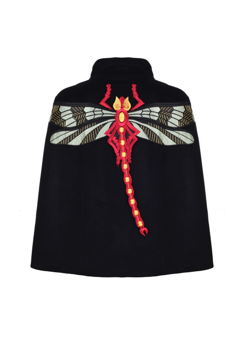 BLACK WOOL CAPE WITH DRAGONFLY EMBROIDERY
