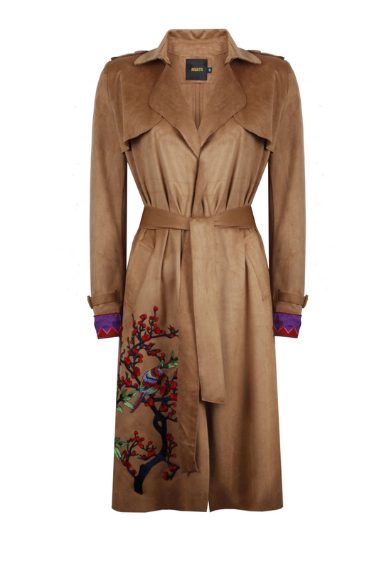 FLORAL EMBRODERIED SUEDE TRENCHCOAT