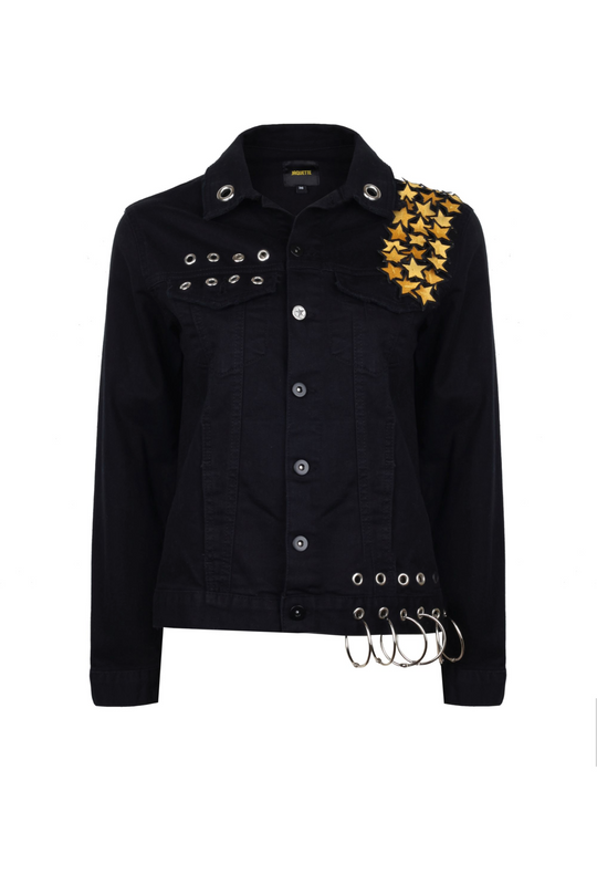 COTTON JEAN JACKET SEQUINED WITH STARS & LIP